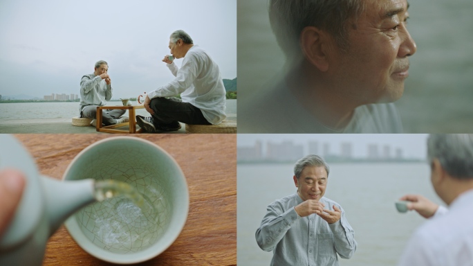 退休老年人湖边紫砂杯朋友喝茶聊天幸福晚年