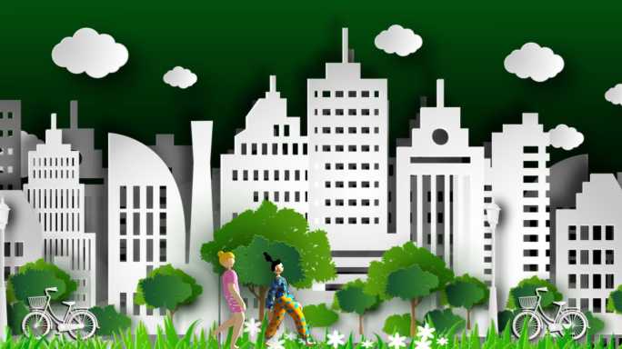 卡通城市 剪纸 绿色城市  健康城市人物