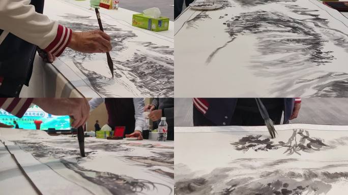 中国画家作画现场特写中国艺术家用毛笔绘画