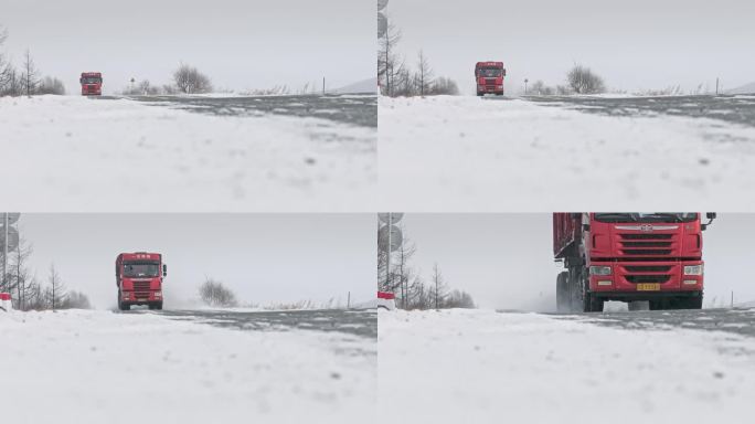 物流运输汽车行驶在冬季飘雪的公路上