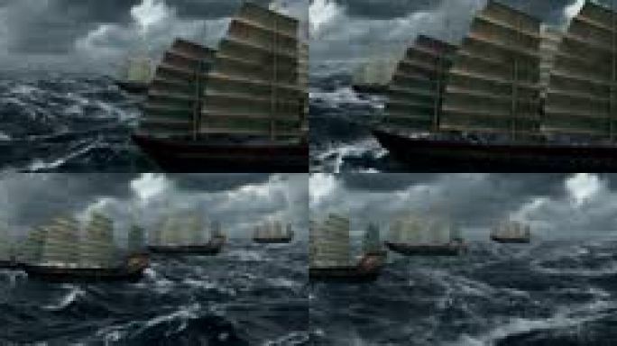 汹涌海浪 商船 古风战船  商船 船队