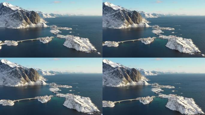 无人机视图，挪威罗浮敦群岛的风景鸟瞰图。日出时的山海。