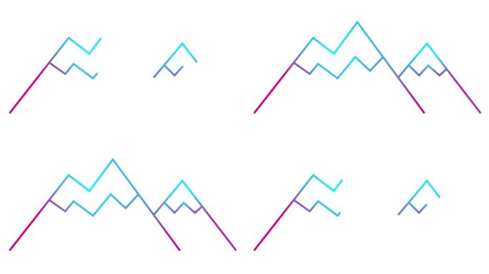 渐变的粉蓝色线性山脉逐渐绘制而成。山的线条符号。岩石图标。旅行、徒步、冒险、旅行、度假、自然、极限、