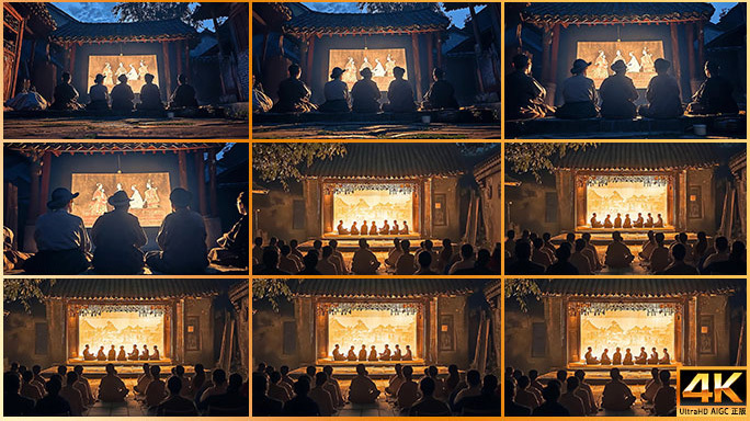 皮影戏传统艺术 表演观众夜晚光影幕布