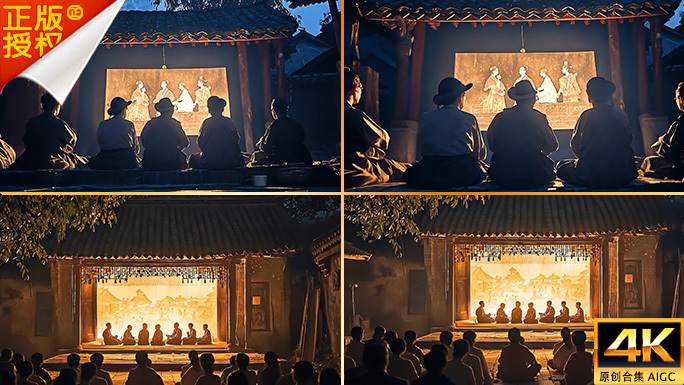 皮影戏传统艺术 表演观众夜晚光影幕布