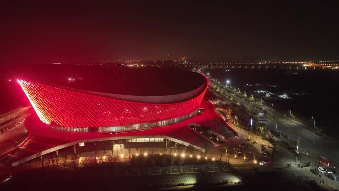 海口五源河文体中心二期体育馆夜景航拍
