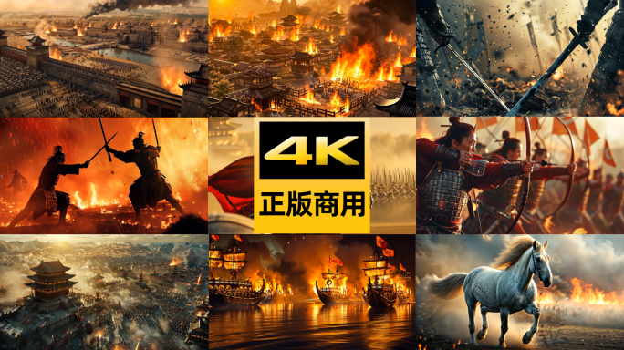 古代战场战火战马射箭攻城战船对决火烧赤壁