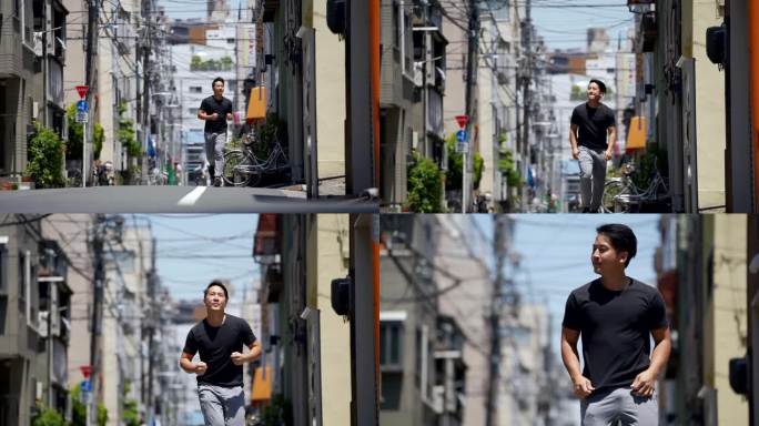 亚洲男子在城市中晨跑
