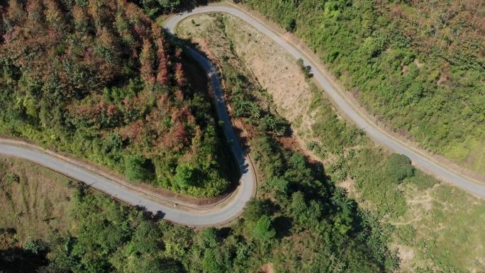越南山脉和森林中蜿蜒道路的鸟瞰图。