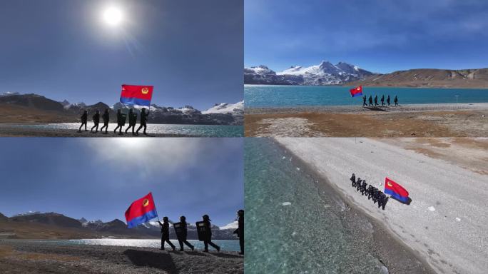 警察举着警旗在雪山湖泊边巡逻