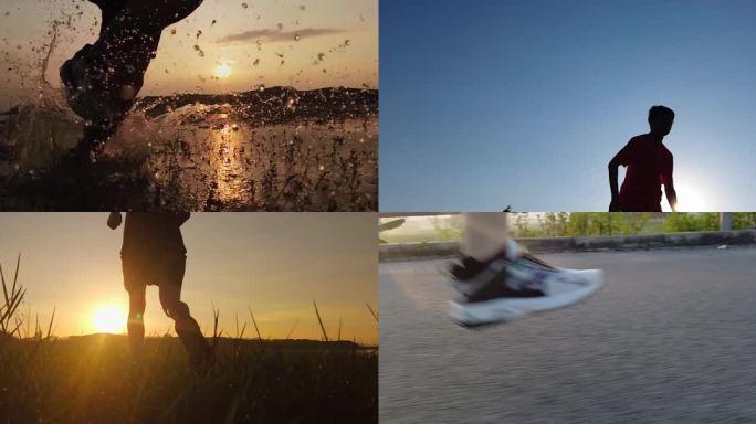 跑跑步奔跑前行阳光脚步跑步溅水脚步溅水