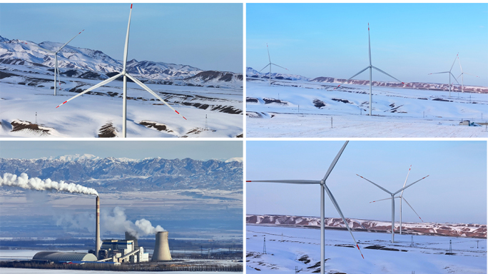 雪山下的风力发电场