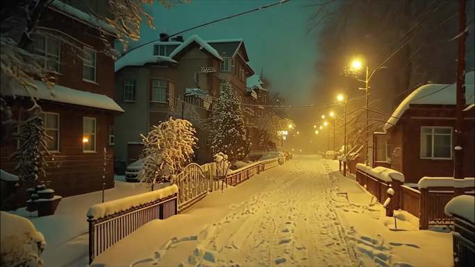 下雪的城市雪景夜晚夜景浪漫孤独意境街道唯