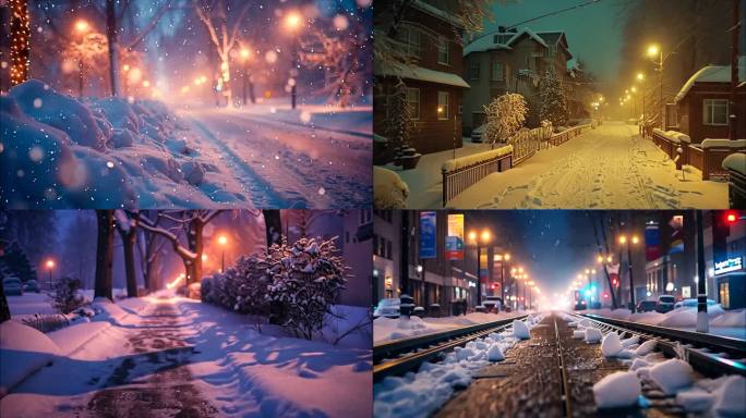 下雪的城市雪景夜晚夜景浪漫孤独意境街道唯