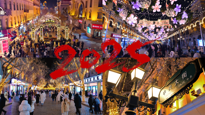 哈尔滨中央大街夜景游客打卡拍照哈尔滨旅游