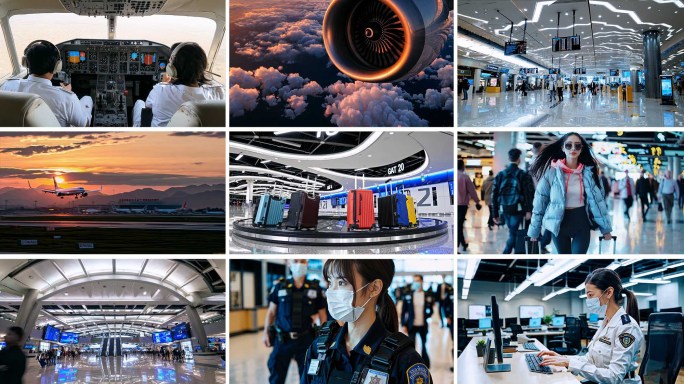 机场人群空姐飞机起落安检春运空乘人员