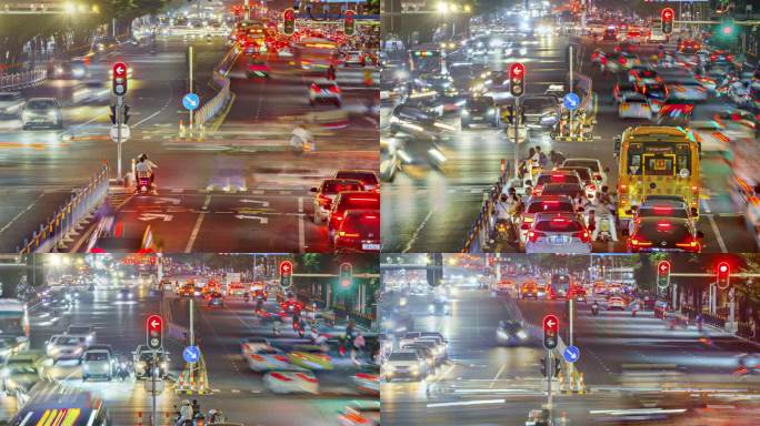 城市车流长焦十字路口喧闹的夜景移动延时