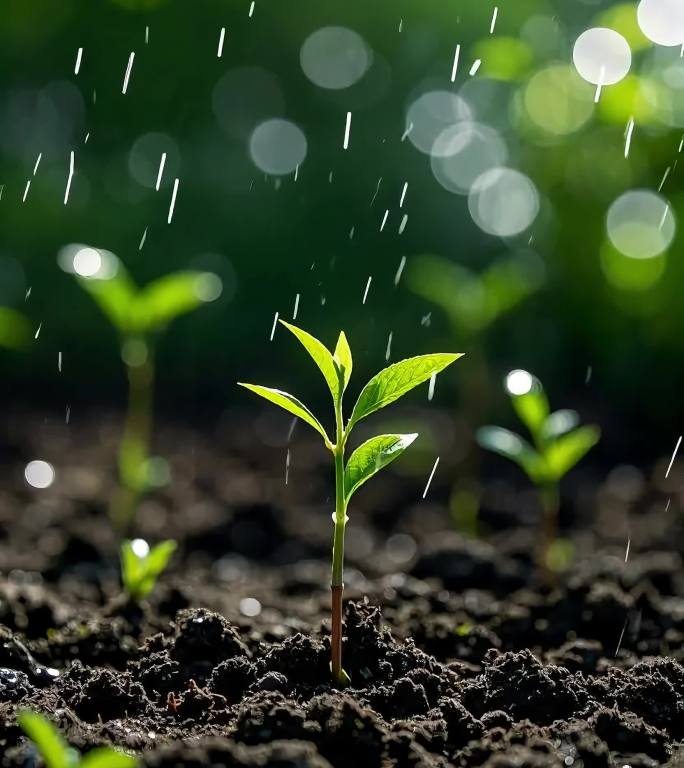 雨水节气，毛毛细雨洒向土地里的嫩苗