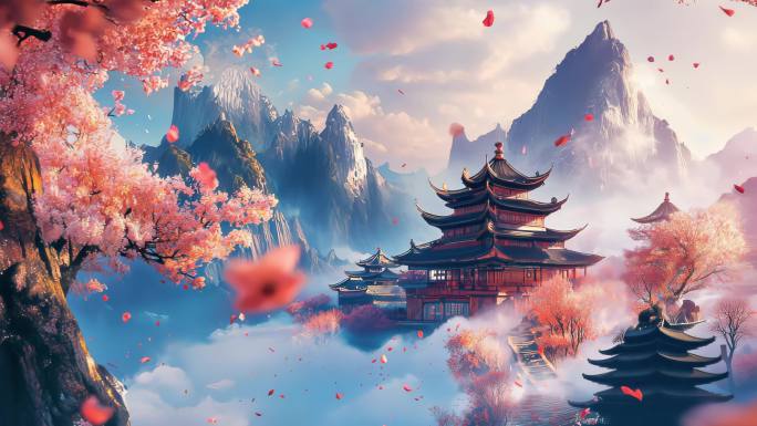 唯美意境古风国风山水背景花瓣飘落