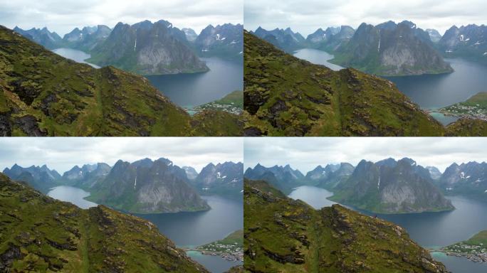 一部关于洛弗敦群岛的电影探索，采用惊艳的4K画质拍摄。镜头展示了雷纳布林根山顶的景色，背景是标志性的