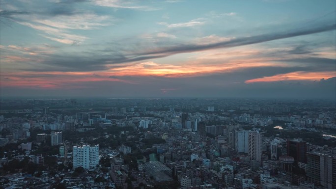 壮观的日落无人机视频的城市景观达卡，孟加拉国