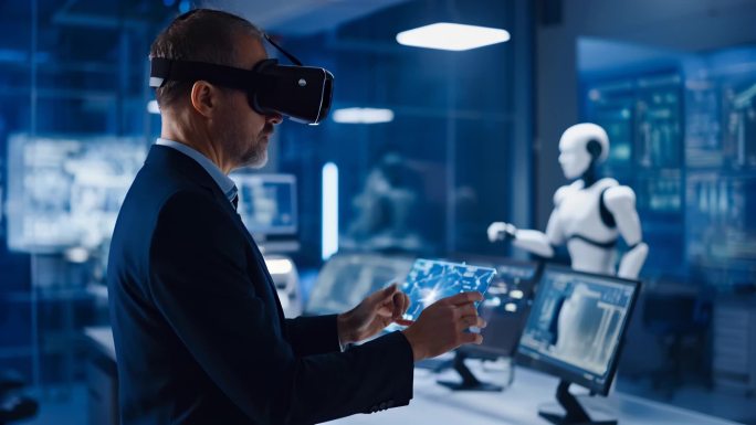 男人站着在实验室操控vr实验设备