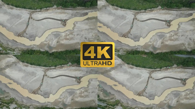 被污染的河水河流航拍，采砂工业环境污染