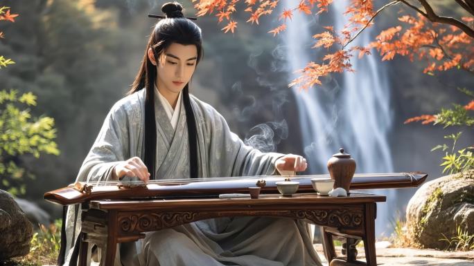 古代人物弹古筝弹琴看书书生琴棋书画意境