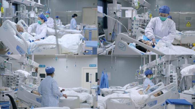 医院重症监护室医护人员病床上的重症病人