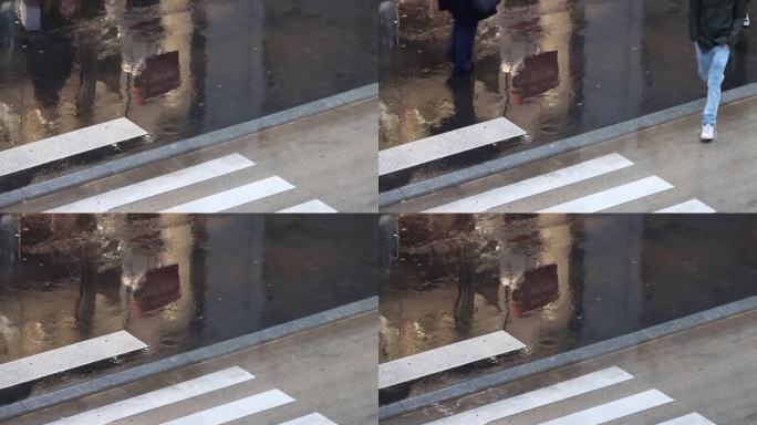 雨中的巴黎街道的高架视图。人行横道