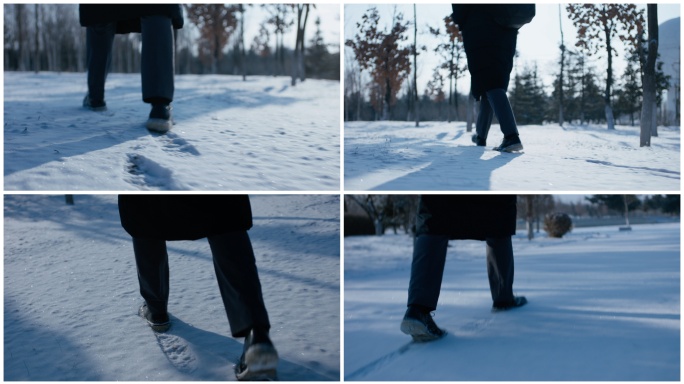 雪地里男人的脚步 穿皮鞋走在雪地里