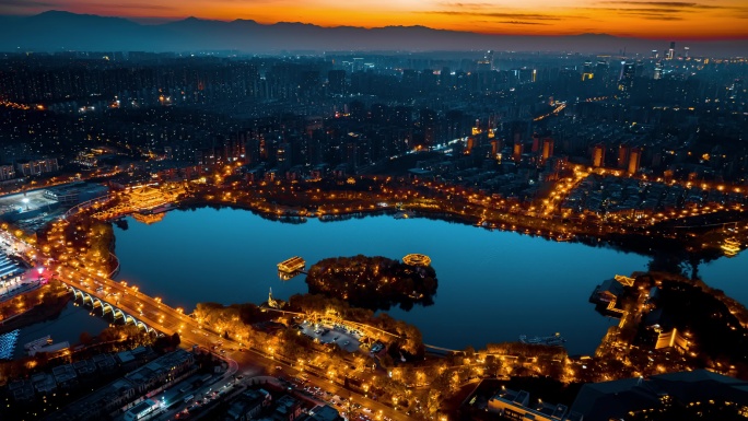 曲江池夜景航拍延时