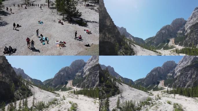 在白云岩布雷斯湖的4k视频，意大利阿尔卑斯山，与非常高的山脉周围。高分辨率，美丽的自然色彩，蓝色和绿