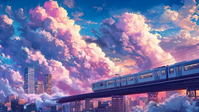 动漫_列车行驶_云雾飘动_天空变化