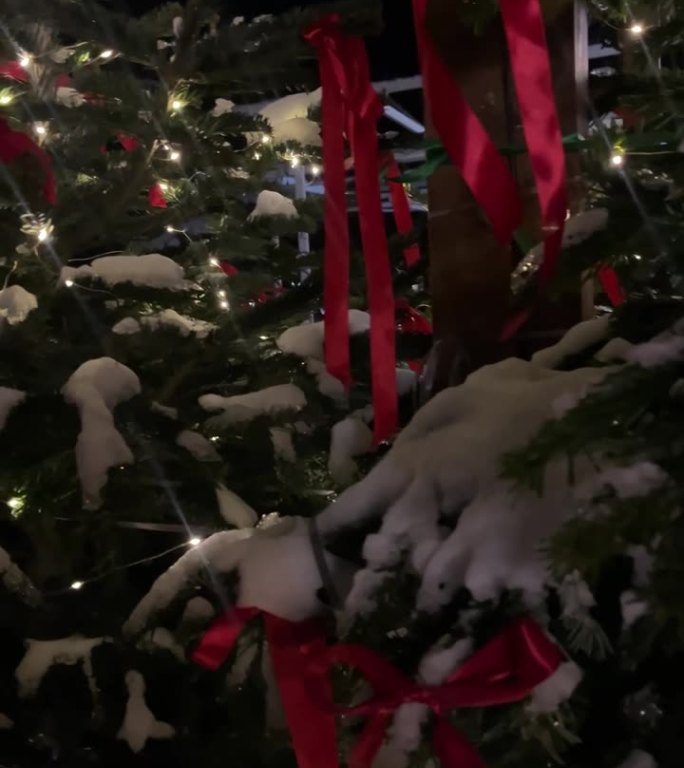 圣诞假日魔法：闪烁的圣诞树灯光作为背景，搭配巨大的红色球形装饰和天鹅绒蝴蝶结。