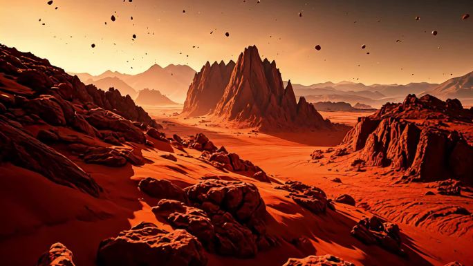 火星红色沙漠中的奇山异石