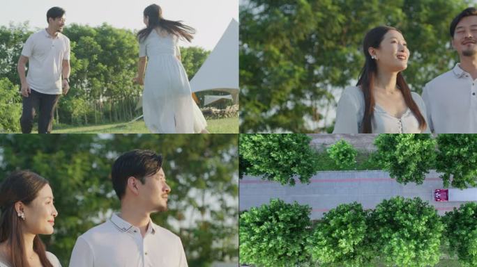 一家三口夫妻带孩子自驾游草坪露营观光车