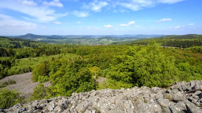 景观花岗岩石场，玄武岩blockmeer，在春天，沙夫斯坦，格斯菲尔德，Rhön, Hesse，德国