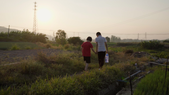 夕阳下哥哥牵妹妹的手走在乡间小路上