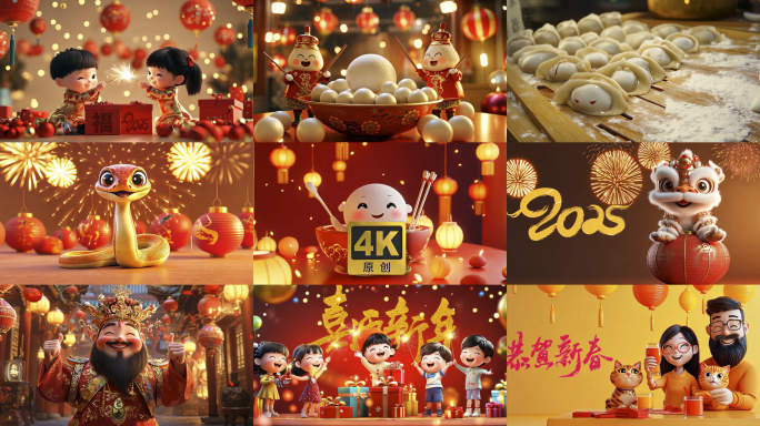 蛇年新年除夕元宵节卡通祝福片头拜年年会