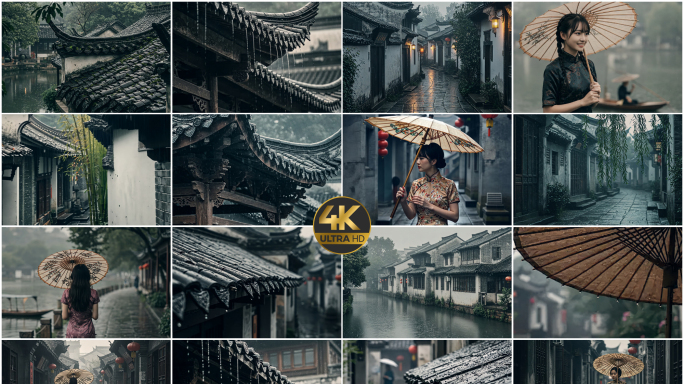 江南古镇雨巷旗袍女子撑着油纸伞怀旧意境