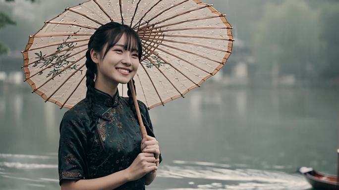 江南古镇雨巷旗袍女子撑着油纸伞怀旧意境