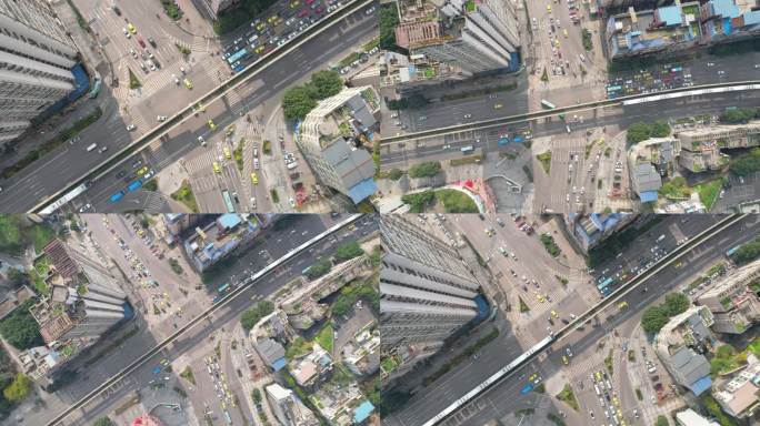 4K航拍城市交通十字路口车流地铁经过