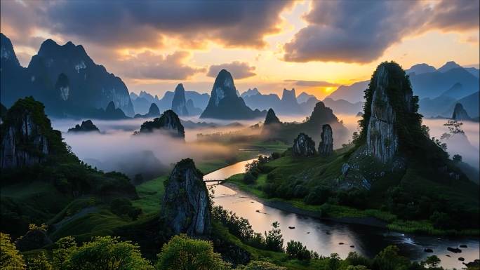 桂林山水桂林风光桂林航拍风光风景日落ai