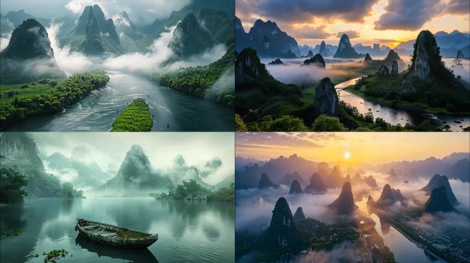 桂林山水桂林风光桂林航拍风光风景日落ai