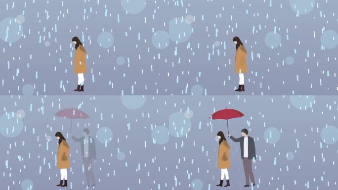 男人撑伞，女人在雨中行走