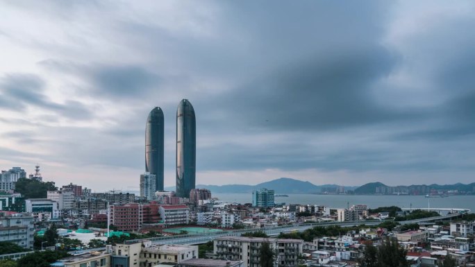 厦门城市景观从夜晚到白天的时间流逝