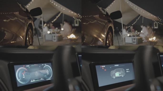 【4K】年轻人夜晚露营新能源电车对外放电