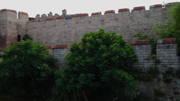 狄奥多西:君士坦丁堡的城墙上有树木和一个人