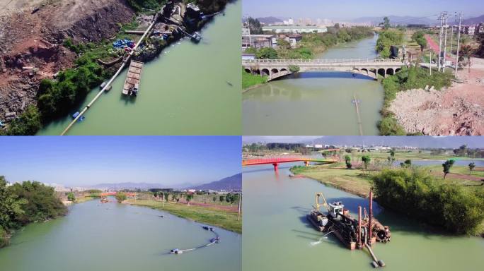 绞吸船 管道运泥 河道淤泥清淤航拍